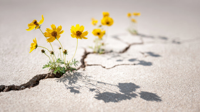Yellow wildflowers growing from a crack in dry pavement, showcasing resilience and new life amidst harsh conditions, dappled in sunlight