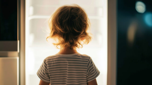 Small child standing in front of an open, empty refrigerator, highlighting concepts of food insecurity and hunger