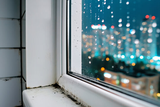 Black mold growth on plastic PVC window frame in kitchen. Moisture and mold problems at home