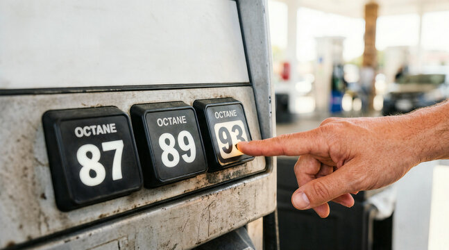 Finger pressing 93 octane button on gas pump. Person selecting premium fuel at gas station. Refueling car concept