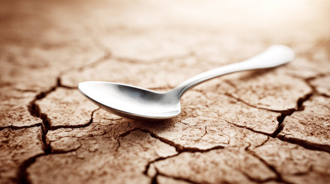 Metal spoon on cracked, parched earth symbolizing drought, famine, food insecurity and environmental crisis affecting lives
