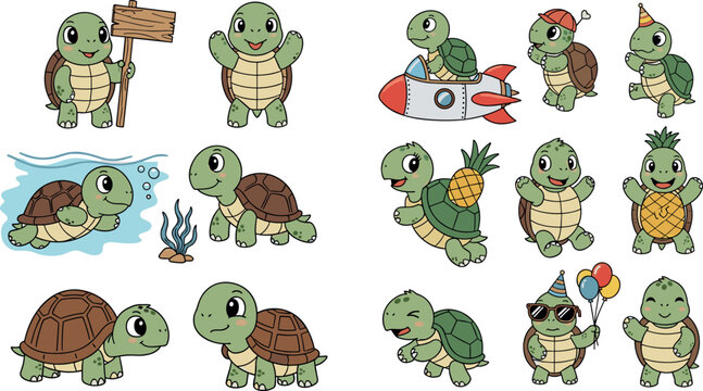 Cartoon vector illustration of turtles with accessories balloons rocket pineapples and playful character actions
