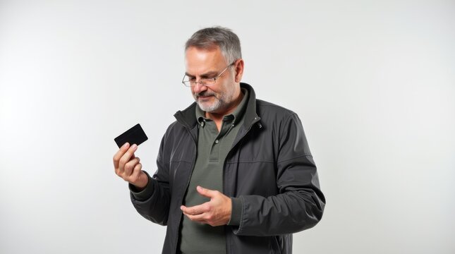 Stressed middle-aged man in jacket holding credit card with reluctant grimace expression, looking at camera, white studio background, financial concept

