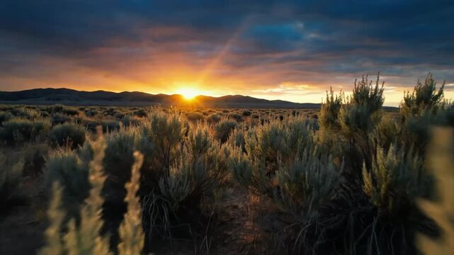 Golden hour sunset over a sagebrush landscape with mountains and dramatic clouds, wide shot