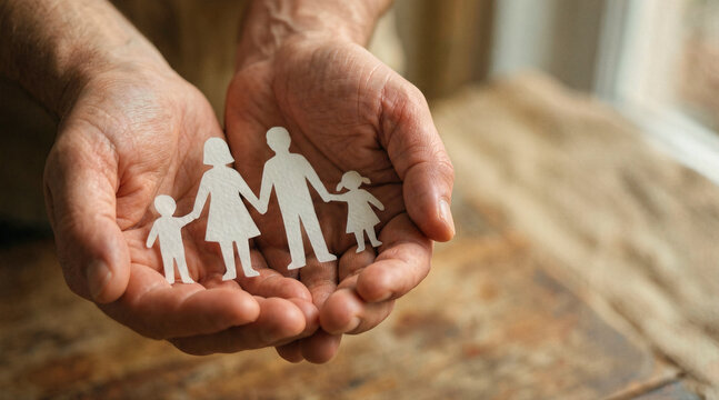 Senior hands gently holding a white paper family cutout. Concept of life insurance, family protection and generational care