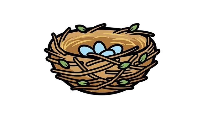 cartoon bird nest with eggs in straw illustration isolated on white