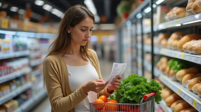 Worried woman comparing grocery receipt with high price tags in supermarket aisle, shopping cart with bread, milk, eggs and vegetables, realistic lifestyle photo

