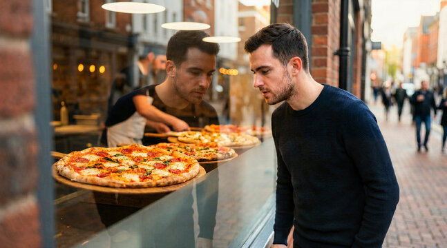 Hungry man looking at fresh pizzas through a restaurant window. Male customer staring at food display outside a city pizzeria