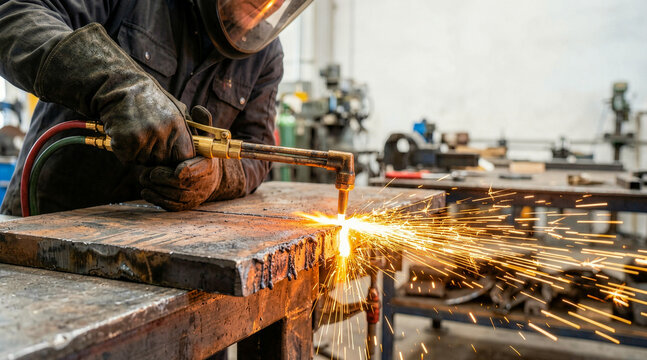 Metalworker cutting thick steel plate with an oxy acetylene torch. Industrial worker in protective gear generating bright orange sparks in a workshop