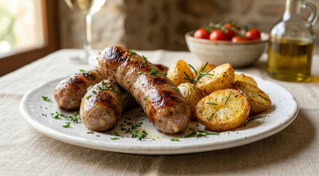 Salsicce grigliate servite con patate al forno rosmarino. Generative AI 
