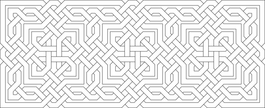 Technical architectural drawing showing a horizontal rectangular panel with an intricate continuous geometric knotwork or strapwork pattern for decorative friezes.