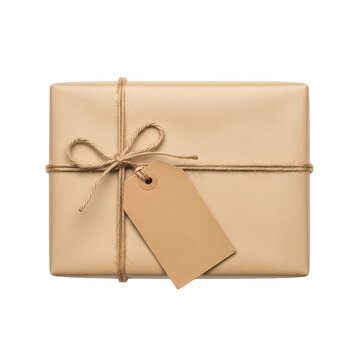 Gift box wrapped in brown paper with a string bow and blank tag, Png
