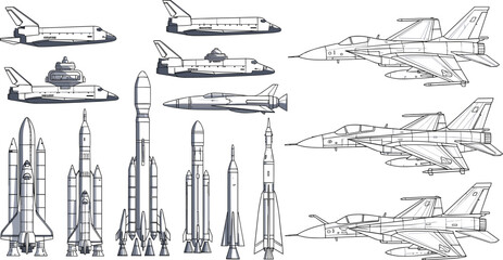 Aircraft, Space Shuttle, Rockets, and Fighter Jets in Detailed Line Art for Aerospace and Military Design Illustrations © MdMojnu