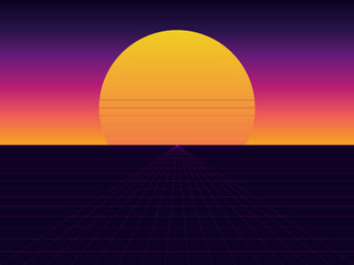 Synthwave Retro Sunset Neon Grid Landscape Background Vector © iushakovsky