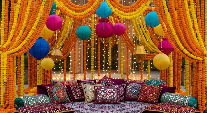 Traditional indian wedding stage decoration with marigold flowers and lanterns