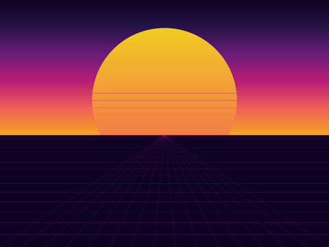 Synthwave Retro Sunset Neon Grid Landscape Background Vector