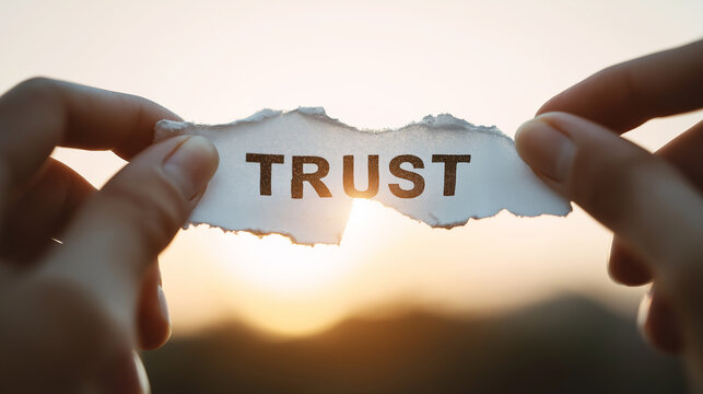 Human hands tearing paper with word trust, ripping apart over sunset background, concept of dishonesty and betrayal
