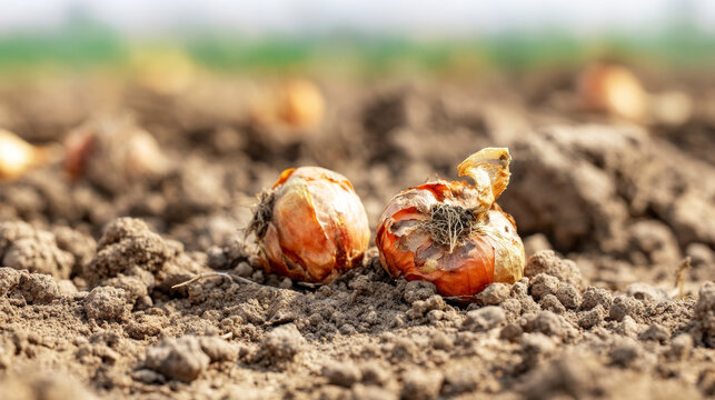 Rotten onions lying on tilled soil in warm sunlight, showing food spoilage and agricultural waste
