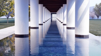 Fototapeta premium Water Runs Between Columns in a Long Corridor With a View of Greenery in the Distance