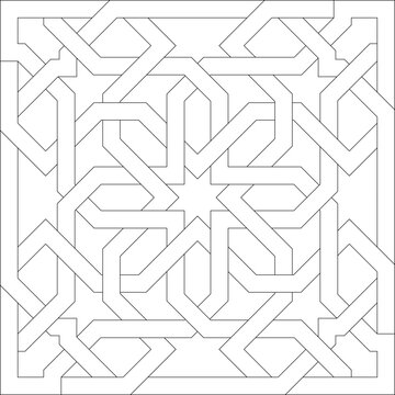 Technical architectural drawing showing an intricate Islamic geometric pattern with interlacing strapwork forming eight-pointed stars and hexagonal motifs for decorative screens or tiles.