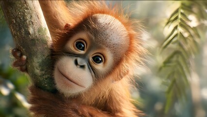 Obraz premium Playful young orangutan posing beside a tree in a vibrant tropical rainforest.
