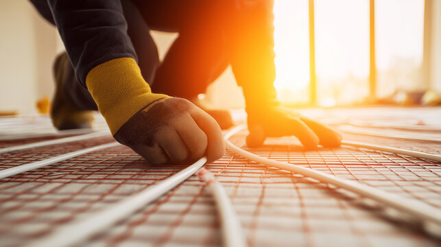 Worker installing radiant floor heating system, laying pipes for underfloor comfort and energy efficiency