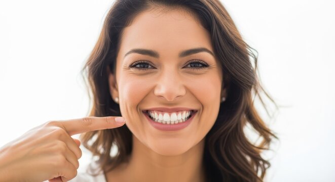 Mulher jovem latina feliz apontando para os dentes brancos perfeitos. Conceito de odontologia, clareamento dental, higiene e sa&uacute;de bucal