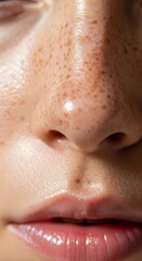 Naklejka premium Close-up shot of the center of a face showing a freckled nose and slightly parted lips.