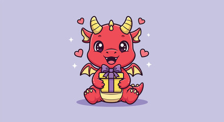 Fototapeta premium Cute Baby Red Dragon Holding a Gift Box.
