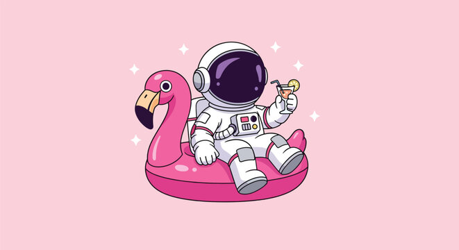Cute Astronaut Relaxing on Flamingo Inflatable with Drink.