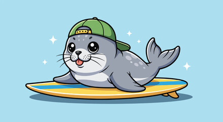 Cute cartoon seal wearing a green cap on a surfboard in a playful illustration. © Caroline Studio