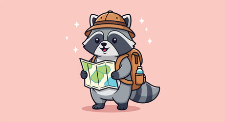 Cute Raccoon Explorer with Map and Backpack. © Caroline Studio