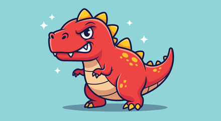Cute Red Cartoon Dinosaur Illustration with Grumpy Expression. © Caroline Studio