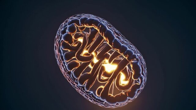 Glowing mitochondrion inner membrane animation showing dynamic cristae illuminated by warm orange glow against deep blue background, closeup rotating