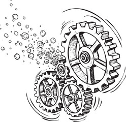 Fototapeta premium Black and white illustration of interlocking gears with bubbles coming out