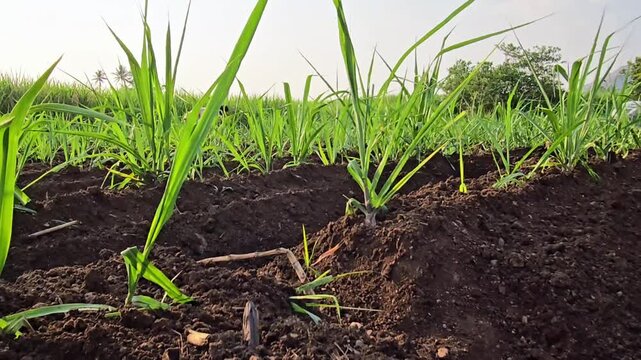 A farm worker is using a digging hoe to create an irrigation channel in a soil field with rows of sugarcane plants. This process is essential for efficient watering and healthy growth of the crop.
