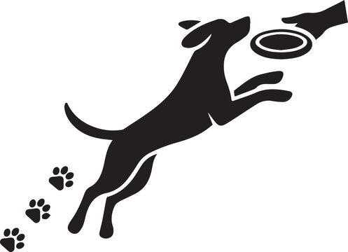 A Minimalist vector dog catching frisbee midair jumping side view with throwing hand paw icons playful bold silhouette flat black white without Background