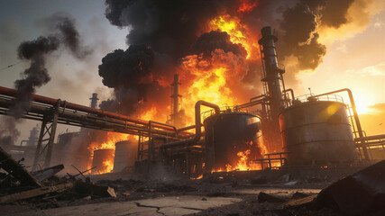 Fototapeta premium Fire engulfing oil refinery storage tanks and distillation towers. Industrial accident with thick black smoke at sunset.