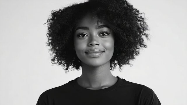 Portrait of a young woman with an afro hairstyle, smiling confidently. The video is in black and white, giving it a timeless and artistic feel.