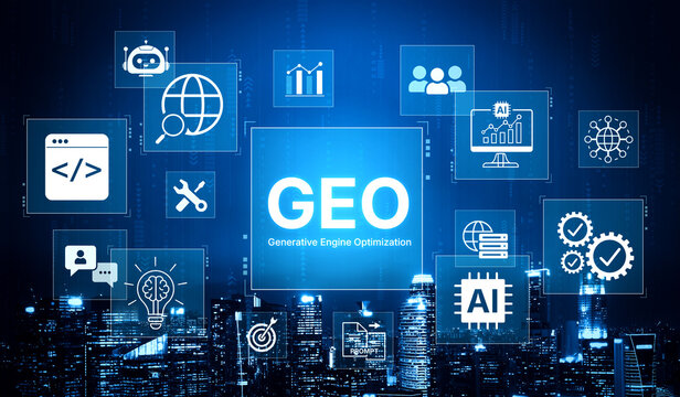 Digital marketing concept featuring GEO strategy, optimizing content for AI search engines and large language models. Evolution of SEO, brand authority, and AI citation visibility. Corpus