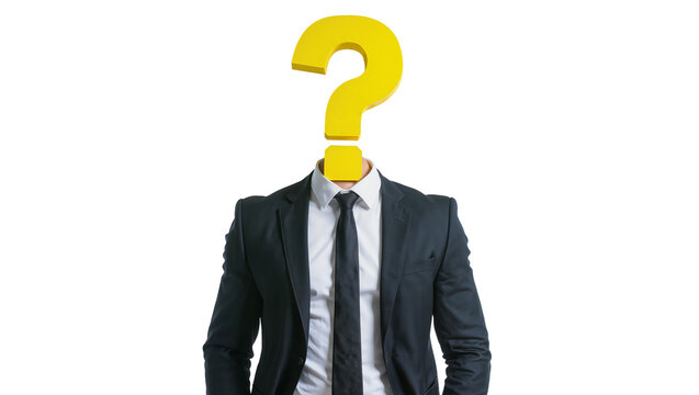 Man in suit with yellow question mark for head, isolated on transparent background