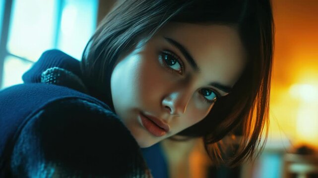 A woman in thoughtful expression with a young and pretty face, captured in an artistic and creative videography style.