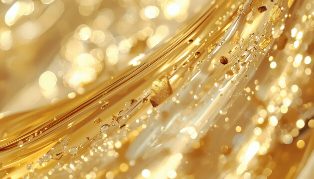 Transparent skincare serum with gold flakes macro. Luxury cosmetic fluid.