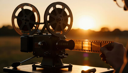 Fototapeta premium A film projector is being operated at sunset. the projector reels spinning as a hand adjusts the film near the bright horizon.