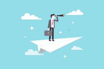 Obraz premium Businessman on paper airplane searches with a telescope in the sky