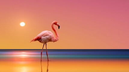 Obraz premium Flamingo Standing in Shallow Water During Sunset at a Beach With Colorful Sky