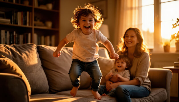 A boy joyfully jumps on the couch while a woman sits beside a younger girl. The warm light creates a cozy atmosphere in the room.