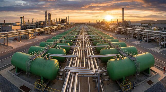 Symmetrical rows of massive green industrial hydrogen storage tanks connected by complex steel piping system at large-scale energy storage plant with dramatic sunset sky background