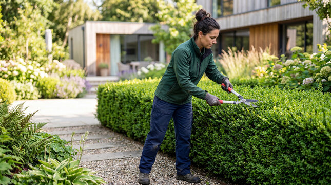 caucasian woman in green jacket and blue pants trimming hedge with shears in backyard. gardening and landscaping concept. home maintenance, outdoor work. banner, website header, copyspace