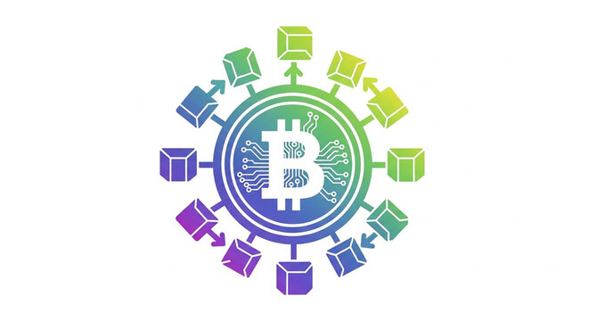 A colorful vector graphic illustrating a cryptocurrency concept with bitcoin symbol